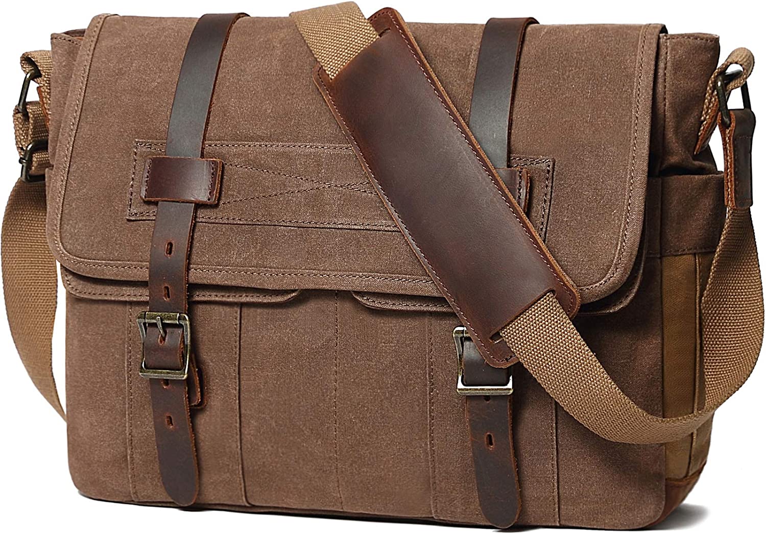 Messenger Bag for Men 15.6 Inch Canvas Laptop Computer Bag Leather Briefcase - Image 8